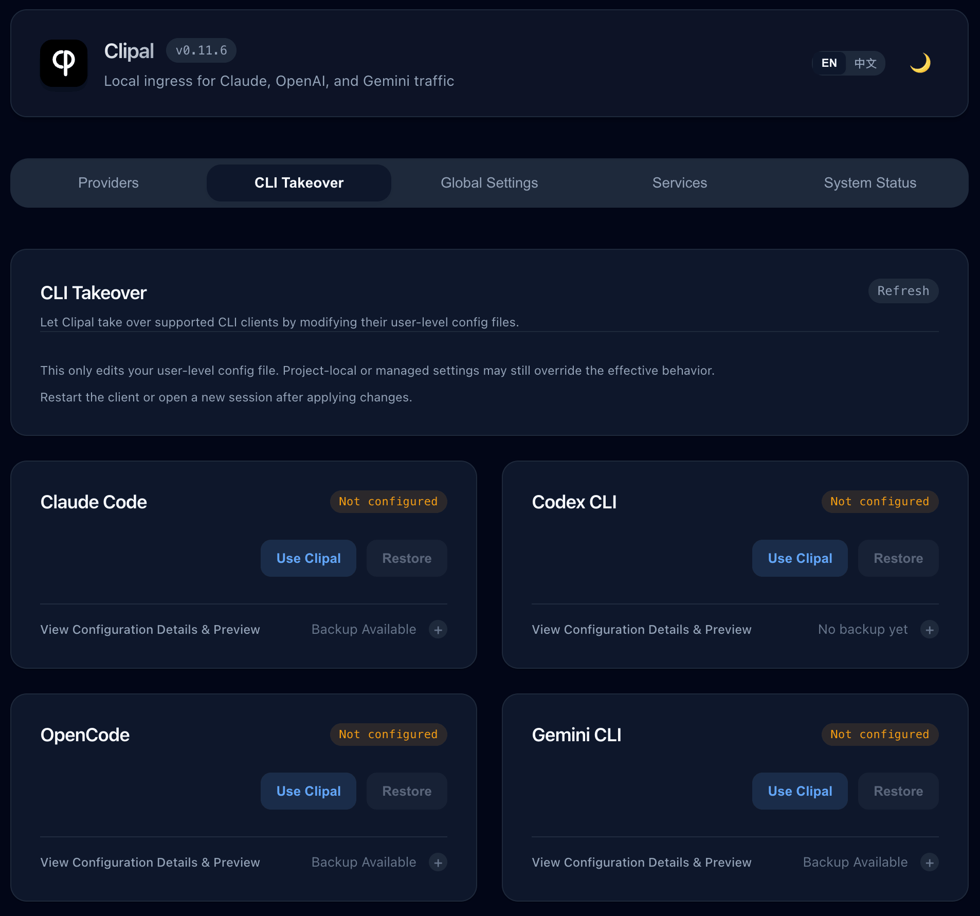 Clipal Web UI interface showing universal one-click CLI takeover for Claude Code, Codex, and Gemini with automated setting.json patching